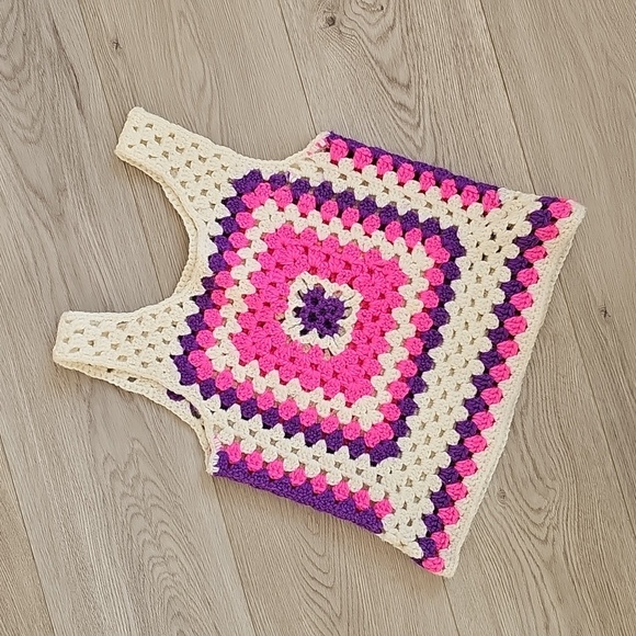 Granny Square Boho Crochet Tank Top Bright Pink And Purple Colors Youth / XXS - Picture 2 of 13